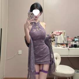 Y8H新中式国风时尚套装纯欲紫色蕾丝挂脖连衣裙包臀裙套装