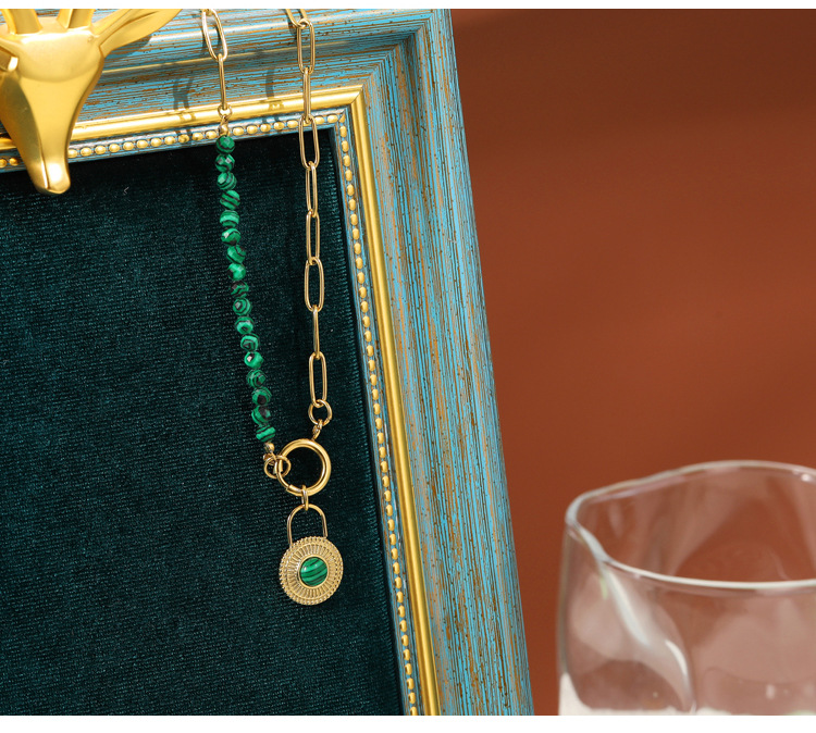 Simple Style Lock Stainless Steel Pendant Necklace Plating Natural Stone Stainless Steel Necklaces_colorza_1