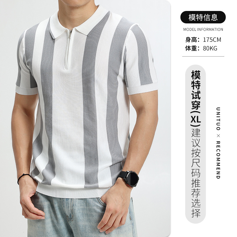 Camisas de polo de hielo de estilo antiguo, cuello de paleta de hombre, rayas de manga corta, Europa y Estados Unidos, retro transfronterizos, camisas de hombre de alta calidad
