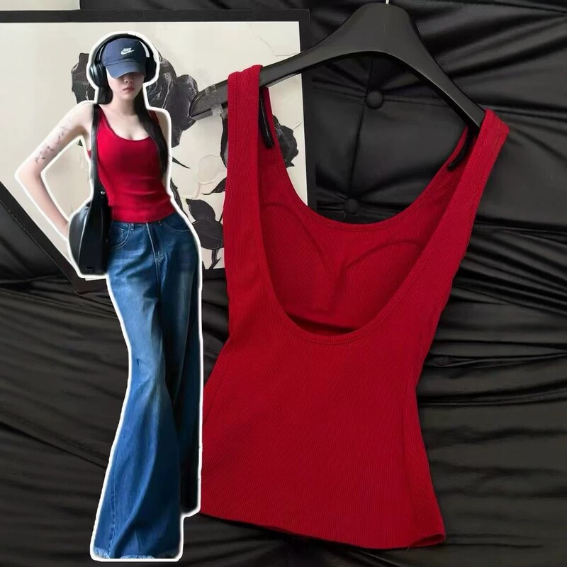 Hot Girl Red Backless Non-Slip Camisole with Built-In Bra Pads, Sleeveless Top for Outerwear