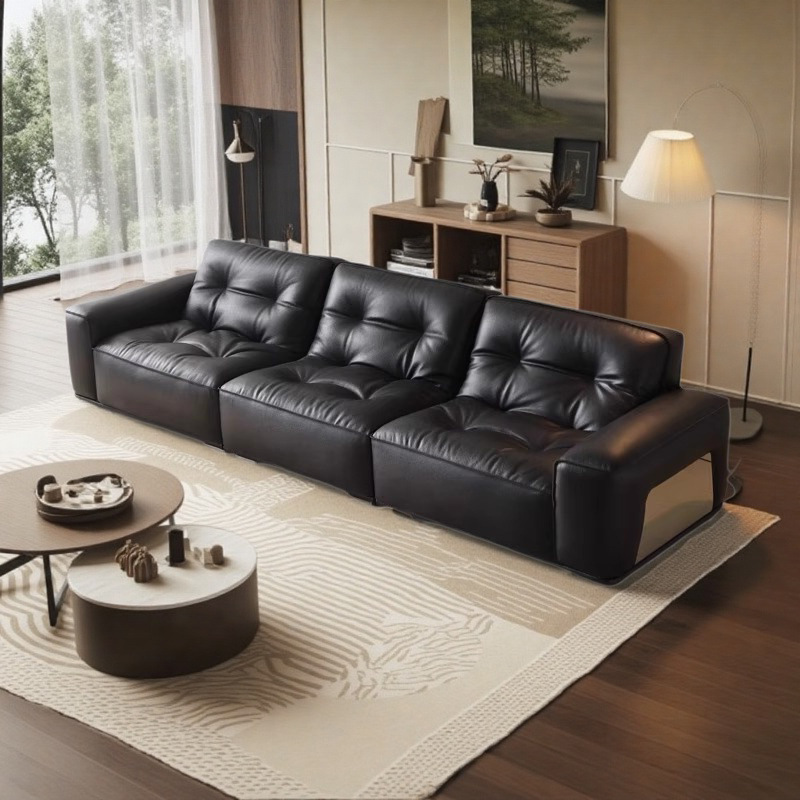Italian Minimalist Retro Black Diamond Sofa Leather Sofa Straight Row Living Room Designer Leather Sofa
