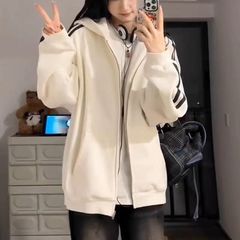 拉链连帽卫衣女款三条杠春秋加绒休闲运动套装春季爆款开衫薄外套