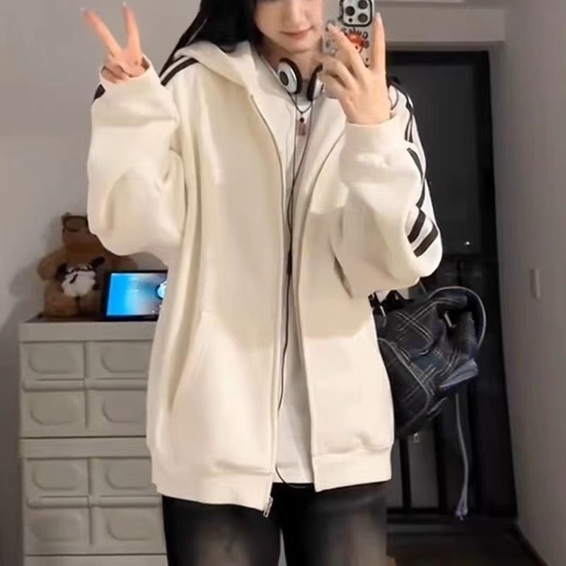 拉链连帽卫衣女款三条杠春秋加绒休闲运动套装春季爆款开衫薄外套|undefined