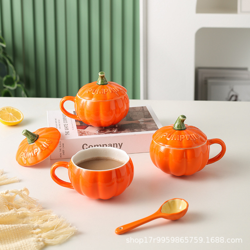 Taza de Cerámica Calabaza con Tapa y Cuchara, para Desayuno y Leche