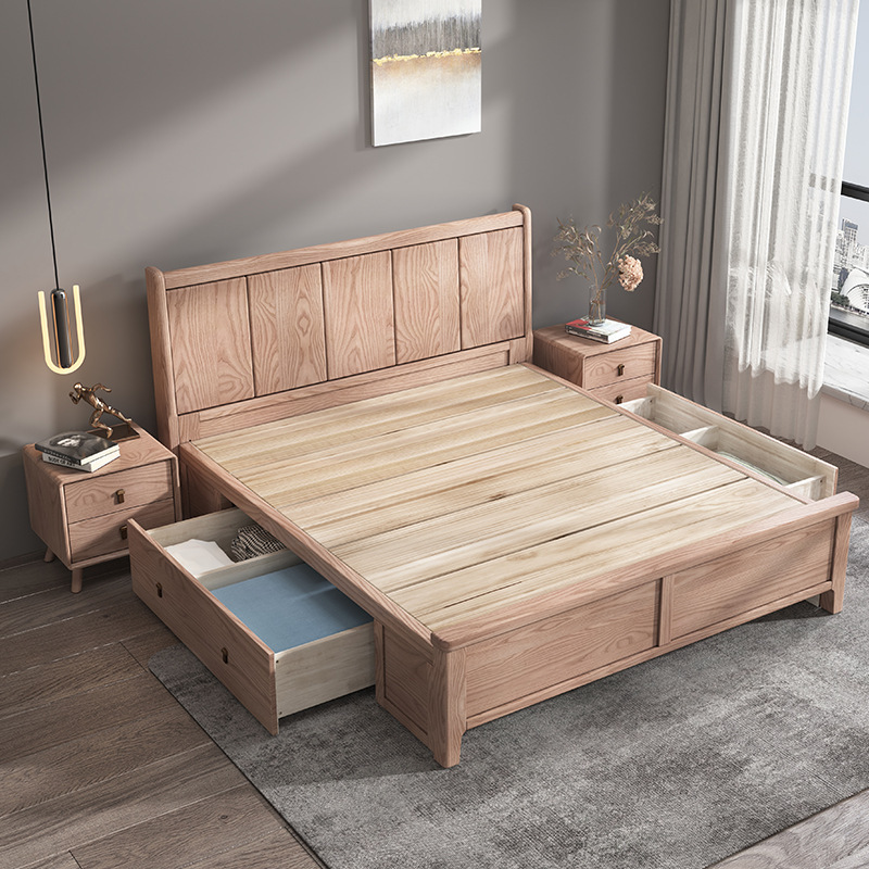 Cera blanca madera maciza completa cama de madera moderna minimalista 1,8 m nórdico doble dormitorio principal cama 1,5 cama individual cama de almacenamiento