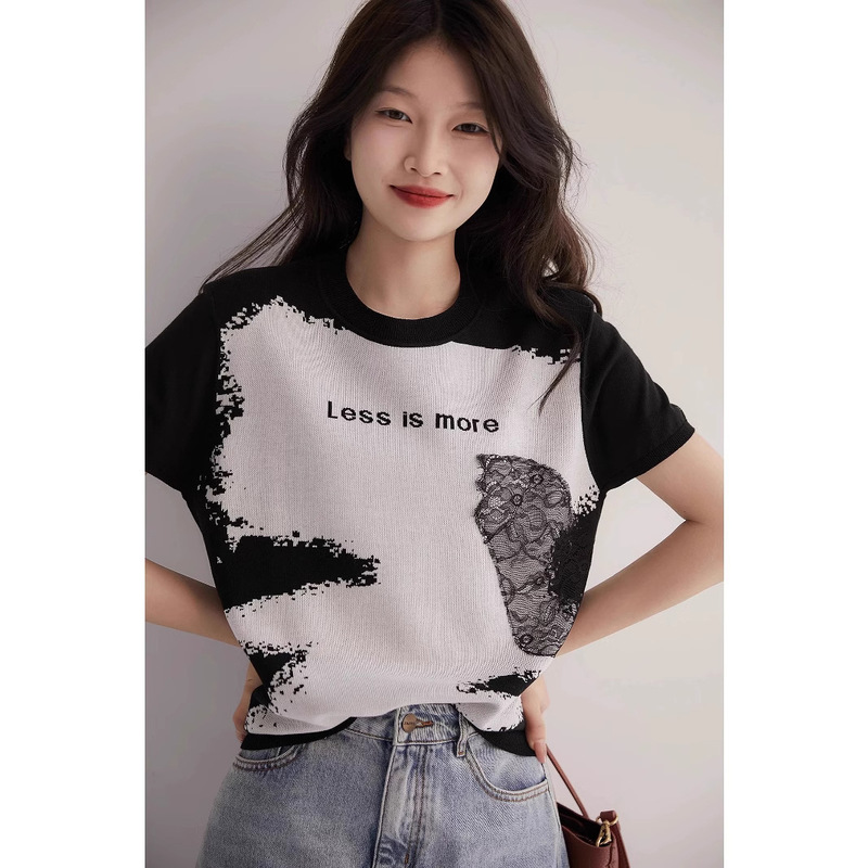 Casual Printed T-shirt Women's Short-sleeved 2025 Summer New Round Neck Loose Top Korean Fashion Embroidered T-shirt