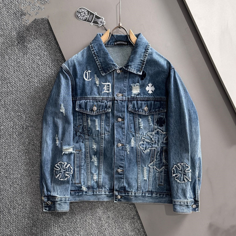 Nanyou High-End Version American Retro High Street Style Cross Patch Embroidery Distressed Washed Denim Jacket Nanyou High-End Version American Retro High Street Style Cross Patch Embroidery Distressed Washed Denim Jacket