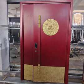 中国古典红木色传统与现代高级质感喜庆入户门铸铝门精雕门进户门