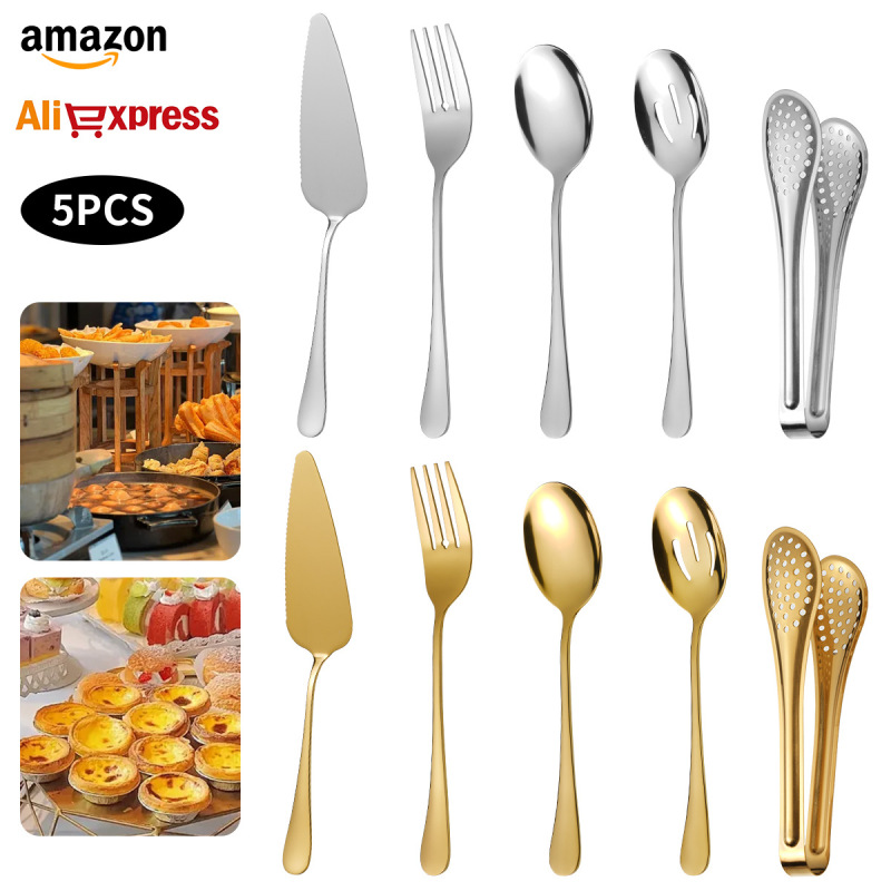 Cross-Border Shared Spoons and Forks Stainless Steel Cutlery Set Birthday Party Serving Utensils Barbecue Tongs Cake Spatula