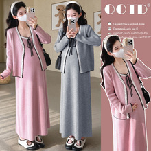 孕妇装秋冬新款韩版时尚显瘦小香风针织外套吊带连衣裙甜美两件套