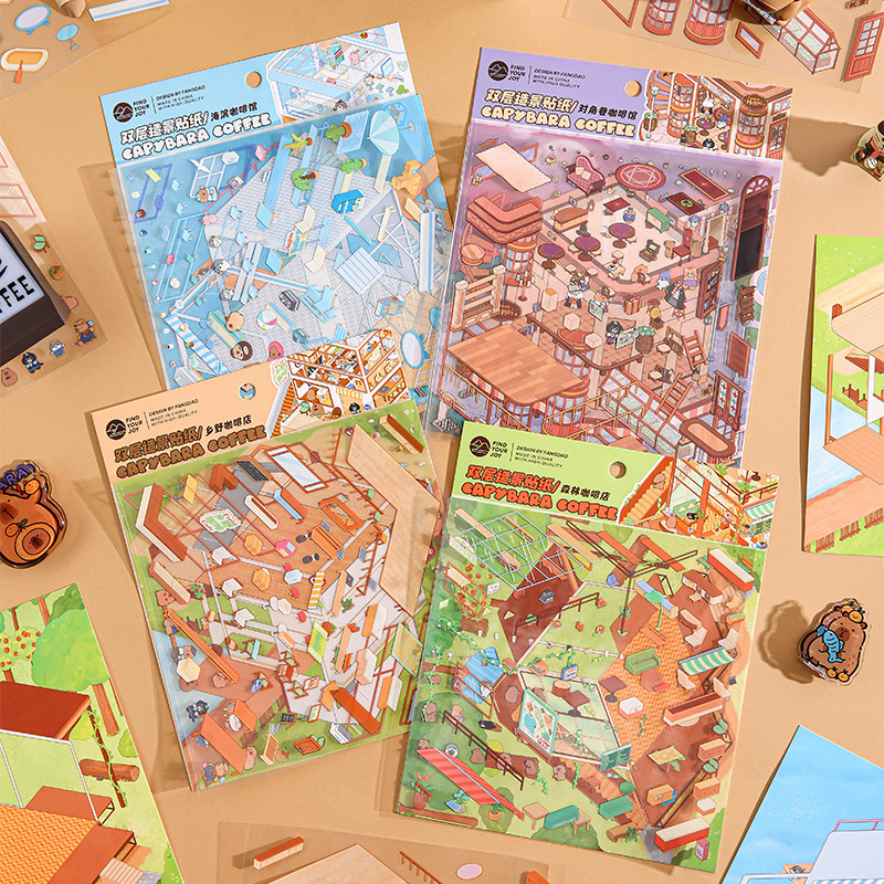 Fangdao Kapibara Coffee Series Double-Layer 3D Miniature Scene Stickers Creative Flip DIY Stickers Wholesale Fangdao Kapibara Coffee Series Double-Layer 3D Miniature Scene Stickers Creative Flip DIY Stickers Wholesale