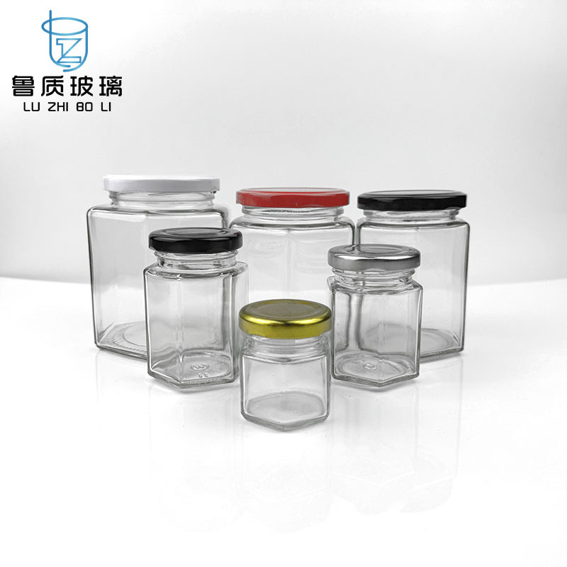 现货批发六棱蜂蜜瓶食品密封罐果酱辣椒酱六角酱菜瓶玻璃罐储物瓶
