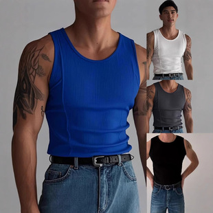 Cross-Border Foreign Trade Summer Knitted Vertical Strip Fitness Sports Casual Slim Vest Men's Sleeveless Wide Shoulder Vest New Style