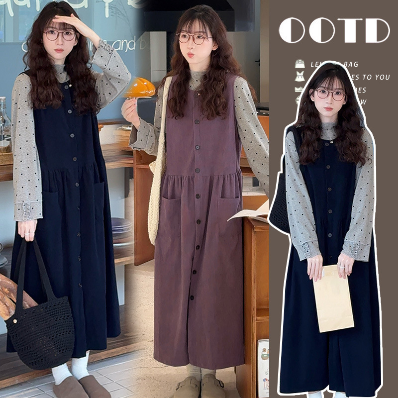 Maternity Autumn/Winter Korean Style Loose Corduroy Single-Breasted Vest Dress + Heart Lace Half-Turtleneck Base Shirt Maternity Autumn/Winter Korean Style Loose Corduroy Single-Breasted Vest Dress + Heart Lace Half-Turtleneck Base Shirt
