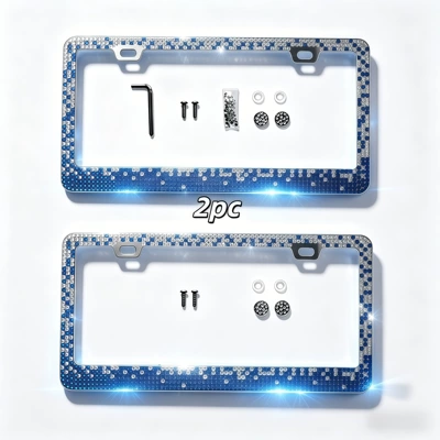 Universal Rhinestone-Studded Stainless Steel Car License Plate Frame, Gradient License Plate Frame with Rhinestones, Acrylic Rhinestone Frame for Us Standard License Plates (License plate holder/license plate holder) - royal-blue-gradient