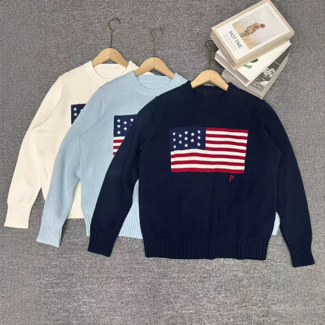 R~L Autumn and Winter Women's Heavy Round Neck National Flag Five-Pointed Star Embroider Fashionable Elegant Work Clothing Versatile Pullover Knitwear