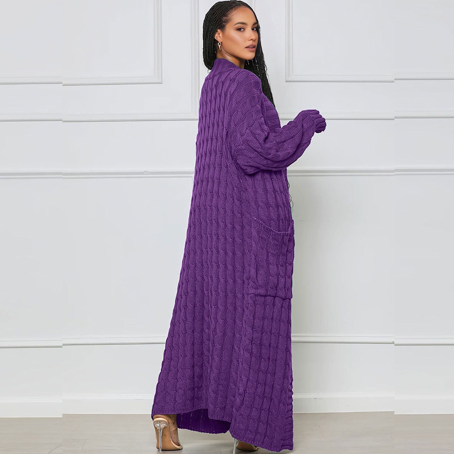 Damen Strickjacke Lang Aus Grobstrick In Unifarben Wintermantel_voghion.com