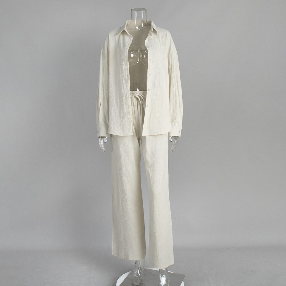 Bộ áo sơ mi dài tay rộng rãi kèm quần dài cotton phong cách thường ngày — Màu trắng nhạt, hồng, màu cà phê, màu trắng chi tiết 8