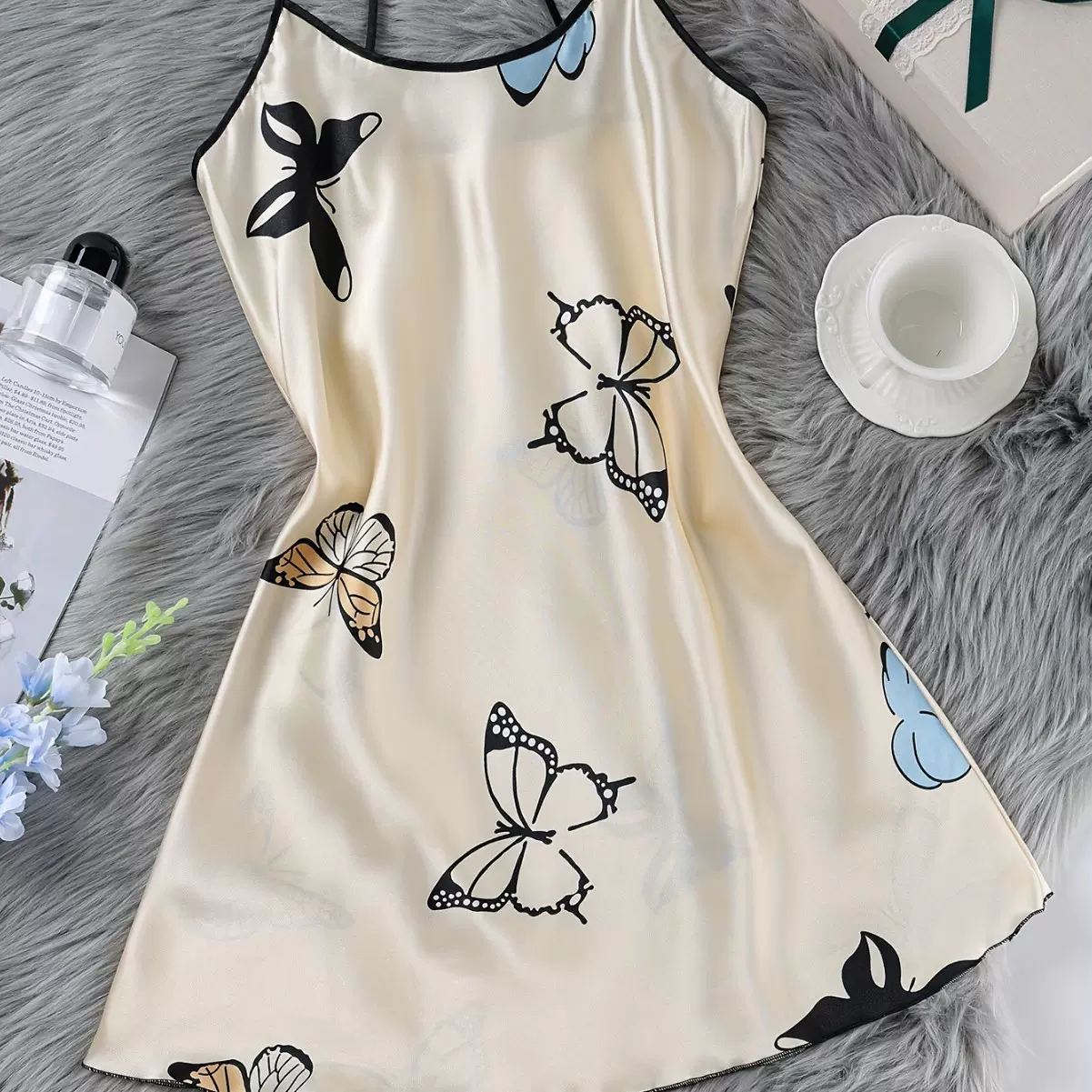 欧洲站爆款睡衣女性夏季睡裙仿真丝色丁缎面蕾丝拼接睡衣裙家居服