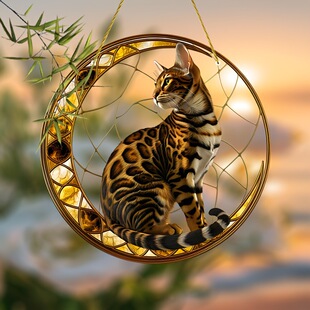 1 Piece, 2D Flat Acrylic, Bengal Cat on the Moon Light Catcher, Garden Light Catcher (9