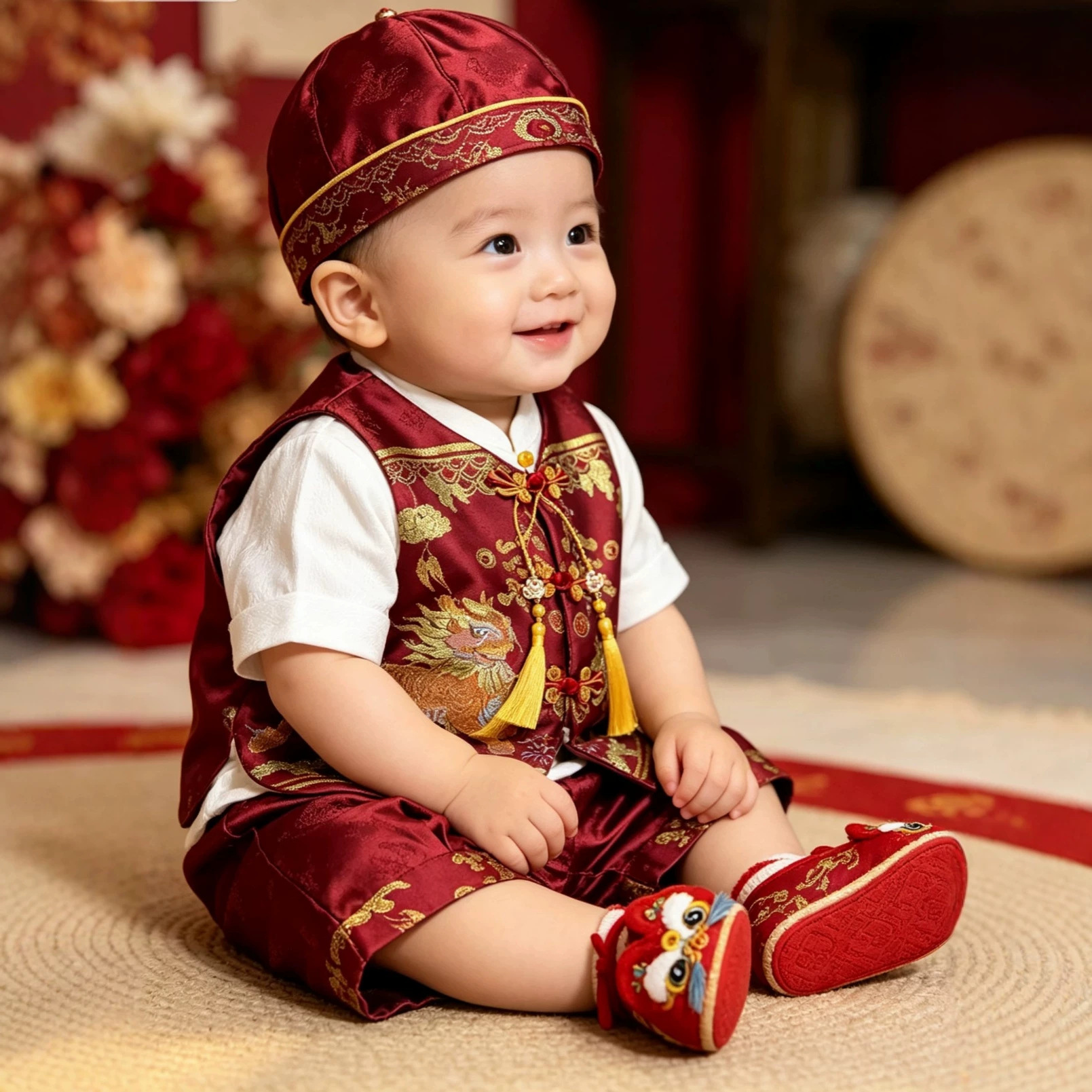 男宝宝周岁礼服儿童汉服中国风婴幼儿生日抓周喜庆麒麟4件套唐装