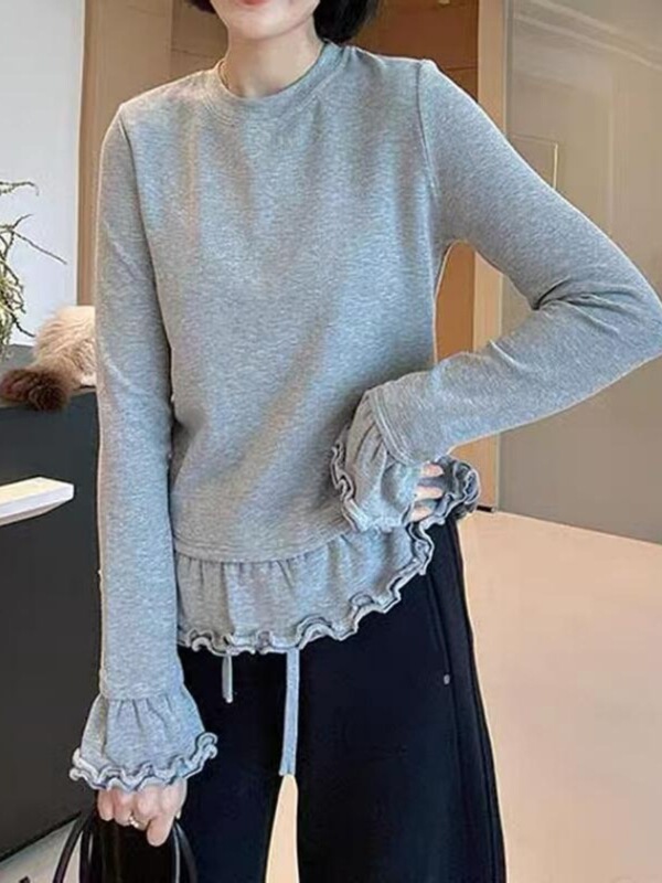 Plus-Size Pure Cotton Ruffled Multi-Layer Long-Sleeve T-Shirt, New Autumn Style for Chubby Women, Super Stylish and Unique Inner Top