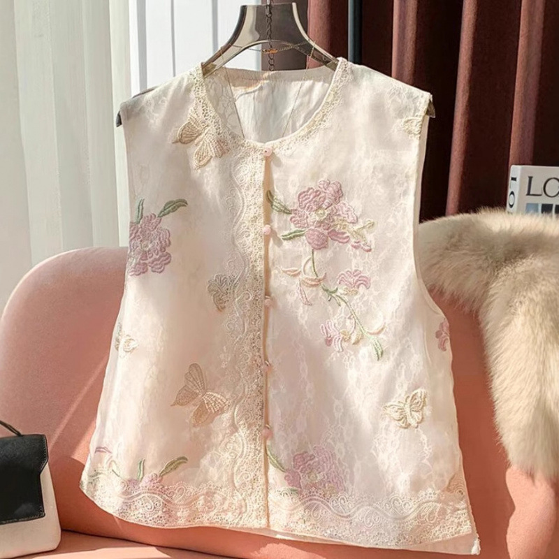 High-Quality Age-Reducing Summer New Thin New Chinese Style Heavy Embroidery Organza Vest Women's Layered Top