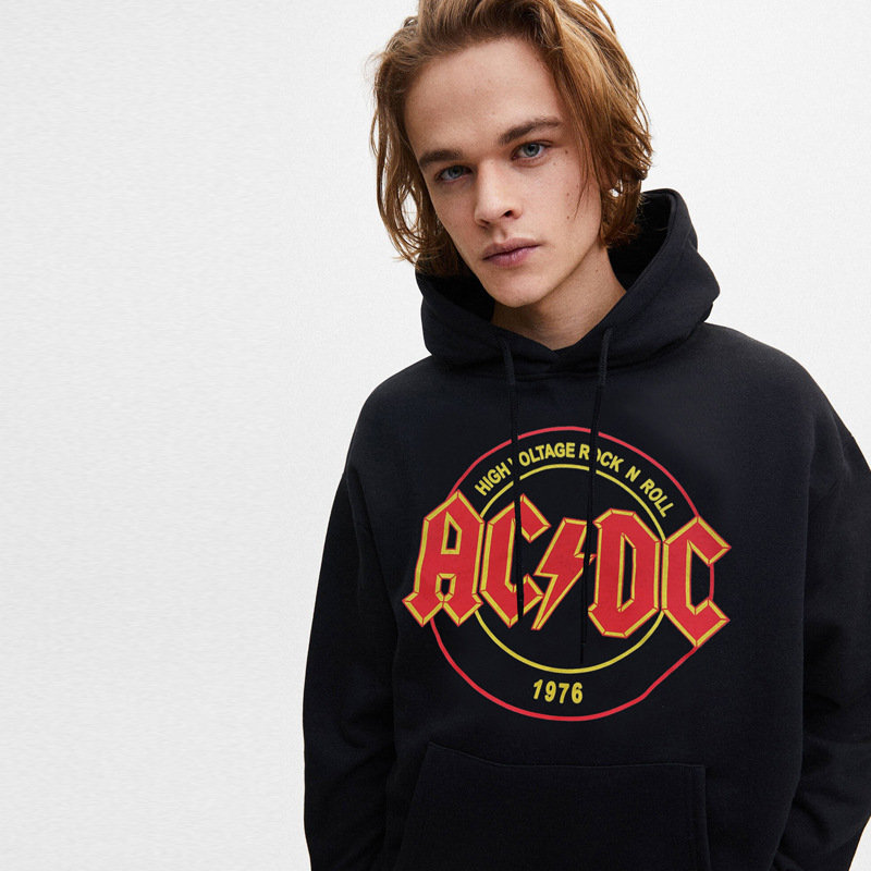 European and American Trendy Brand Hip-Hop American Kanye Retro Rock Acdc Printed Velvet Hooded Sweatshirt Hoodie