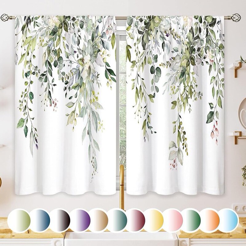 Cross-Border Green and Golden Leaf Shower Curtain with Sage and Eucalyptus Leaves and Golden Branches Plant Fabric Bathroom Curtain