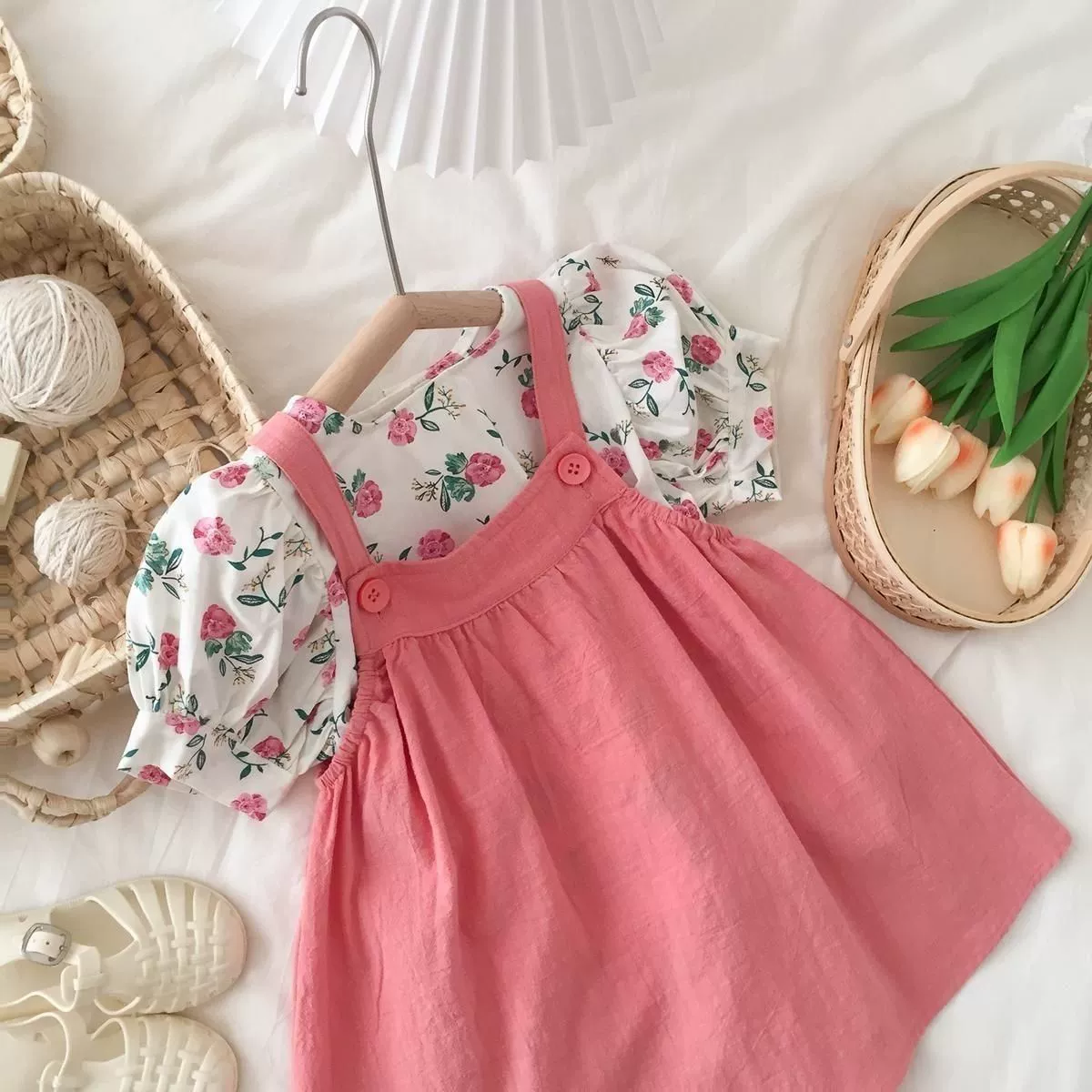 Комплект, летняя рубашка, детское безрукавное платье, цветочный принт, puff рукава, западный стиль