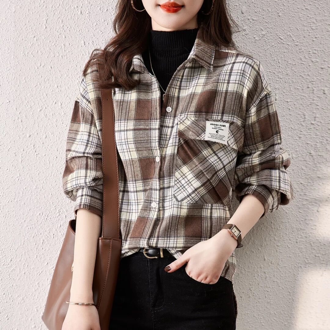 샌딩 플레이드 긴팔 셔츠 여성용 2022 가을 새 패션 한국 캐주얼 올 매치 플레이드 셔츠 아우터 로가