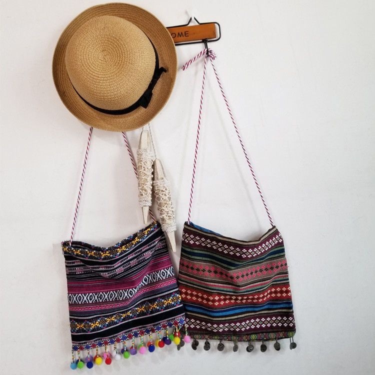 New handmade original vintage bohemian style canvas bag with ethnic flair, pom-pom tassels, crossbody bag, shoulder bag