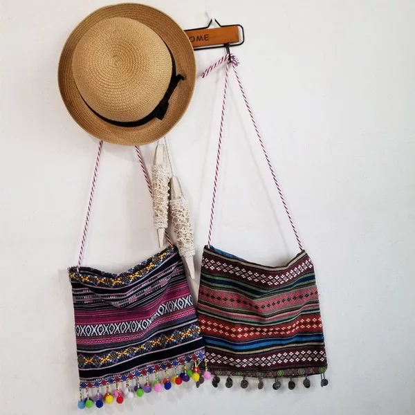 New handmade original vintage bohemian style canvas bag with ethnic flair, pom-pom tassels, crossbody bag, shoulder bag