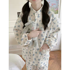 2026 秋冬新款碎花拼格子花边家居服套装