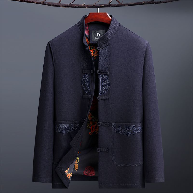 Spring and Autumn Middle-Aged and Elderly Men's Tang Suit Jacket, Casual Chinese Embroidered Hanfu Jacket, Grandpa's Loose Autumn Clothing