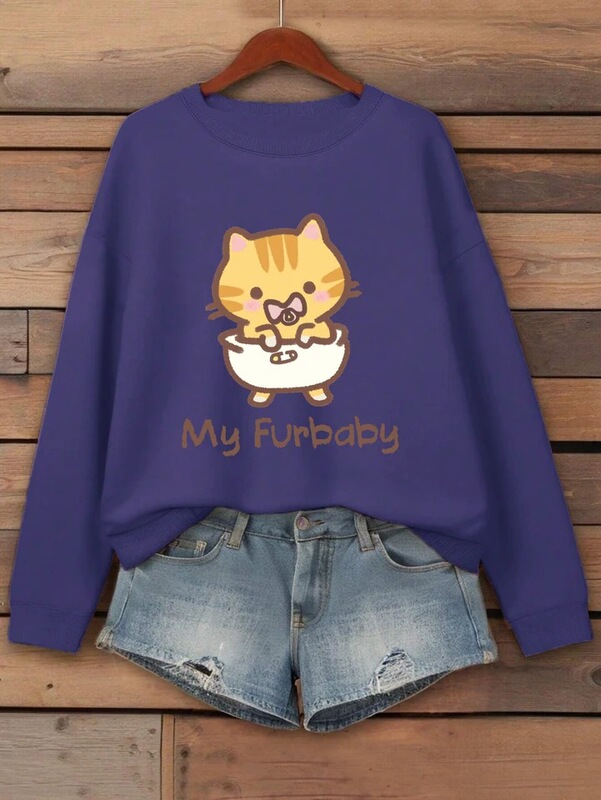 My Furry Cute Cat Print Women Pullover Hip Hop Jogger Sweatshirts Loose Round Neck Clothing