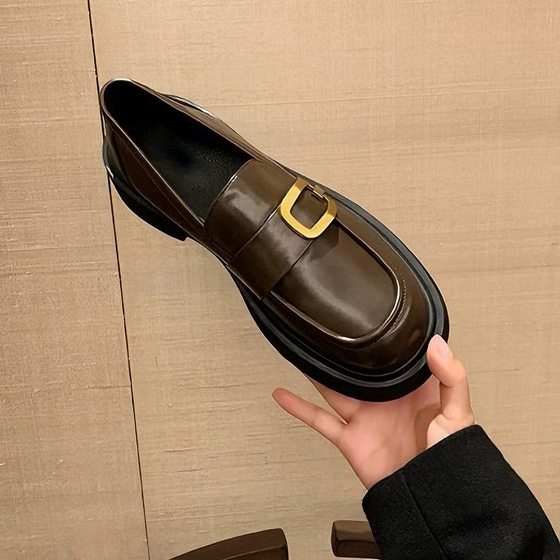 Genuine Leather ~ Thick Bottom Loafers 2025 Spring New Square Buckle Thick Heeled Single-layer Shoes Women's British Style Small Leather Shoes