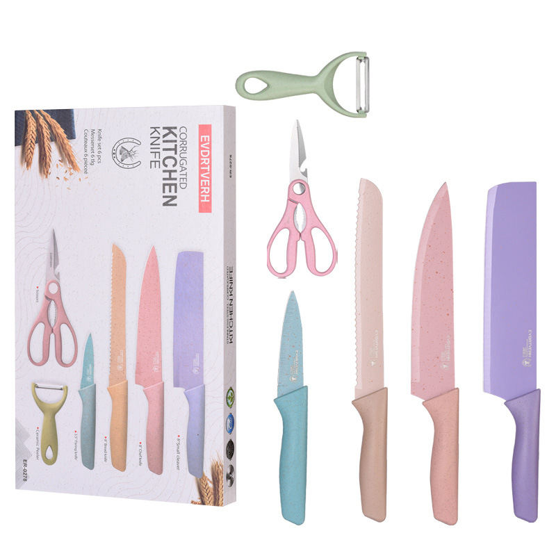 Macaron color traje de cuchillo de cocina de acero inoxidable cuchillo de cocina del hogar paja de trigo traje de cuchillo de chef de 7 piezas