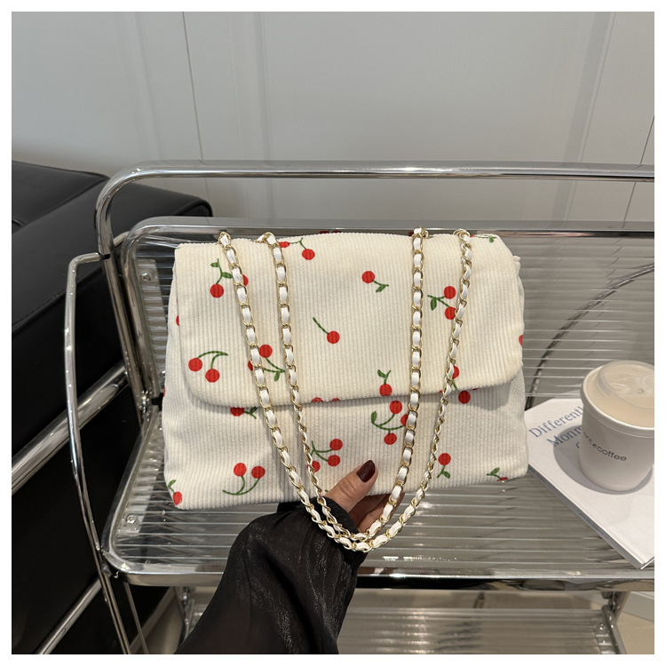270g Weight Sewing Thread Fashion Element Magnetic Buckle Closure Type Single Shoulder Strap Strap Type Canvas Bag Bags Type Daily Occasion Canvas Material Cherry Pattern All Seasons Season Women's Gender Cute Style Square Shape Women's Canvas Cherry Cute Sewing Thread Square Magnetic Buckle Canvas Bag 15