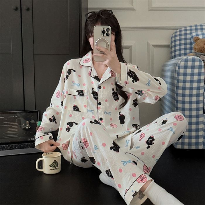 Al por mayor transfronterizo primavera y otoño nuevo pijama de mujer nubes de algodón con solapa cardigan de manga larga pantalones dulces set de ropa para el hogar