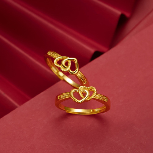 Yunnan Sand Gold Plated Double Heart Women's Ring, Popular Style Ring on Pinduoduo, Japanese and Korean Fashion Open Heart Women's Ring