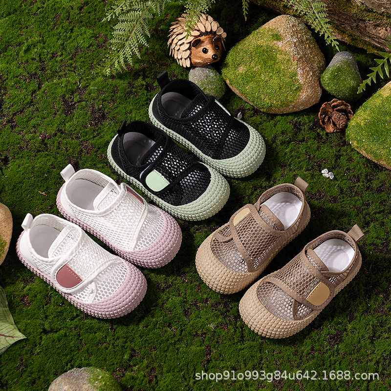 2025 Summer New In-Stock Velcro Cold Adhesive Sole Boys and Girls Baby Hollow Sports Shoes Breathable Children's Mesh Leisure Shoes