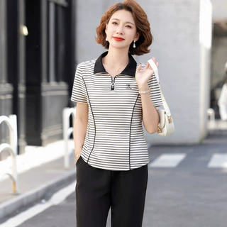 妈妈夏装条纹短袖t恤两件套休闲翻领新款中老年女装夏季运动套装