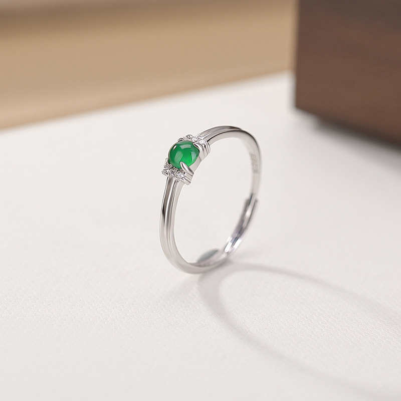Nhẫn bạc S925 đính đá ngọc nước xanh dạng hạt tròn mở điều chỉnh — Mẫu ngọc nước xanh