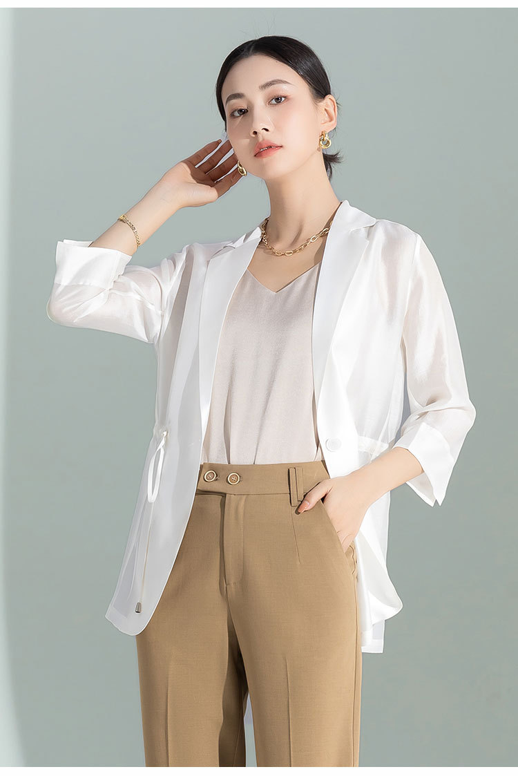 Áo khoác blazer nữ cổ lật dây rút chất liệu Leisel mỏng nhẹ mùa hè — Màu trắng chi tiết 10