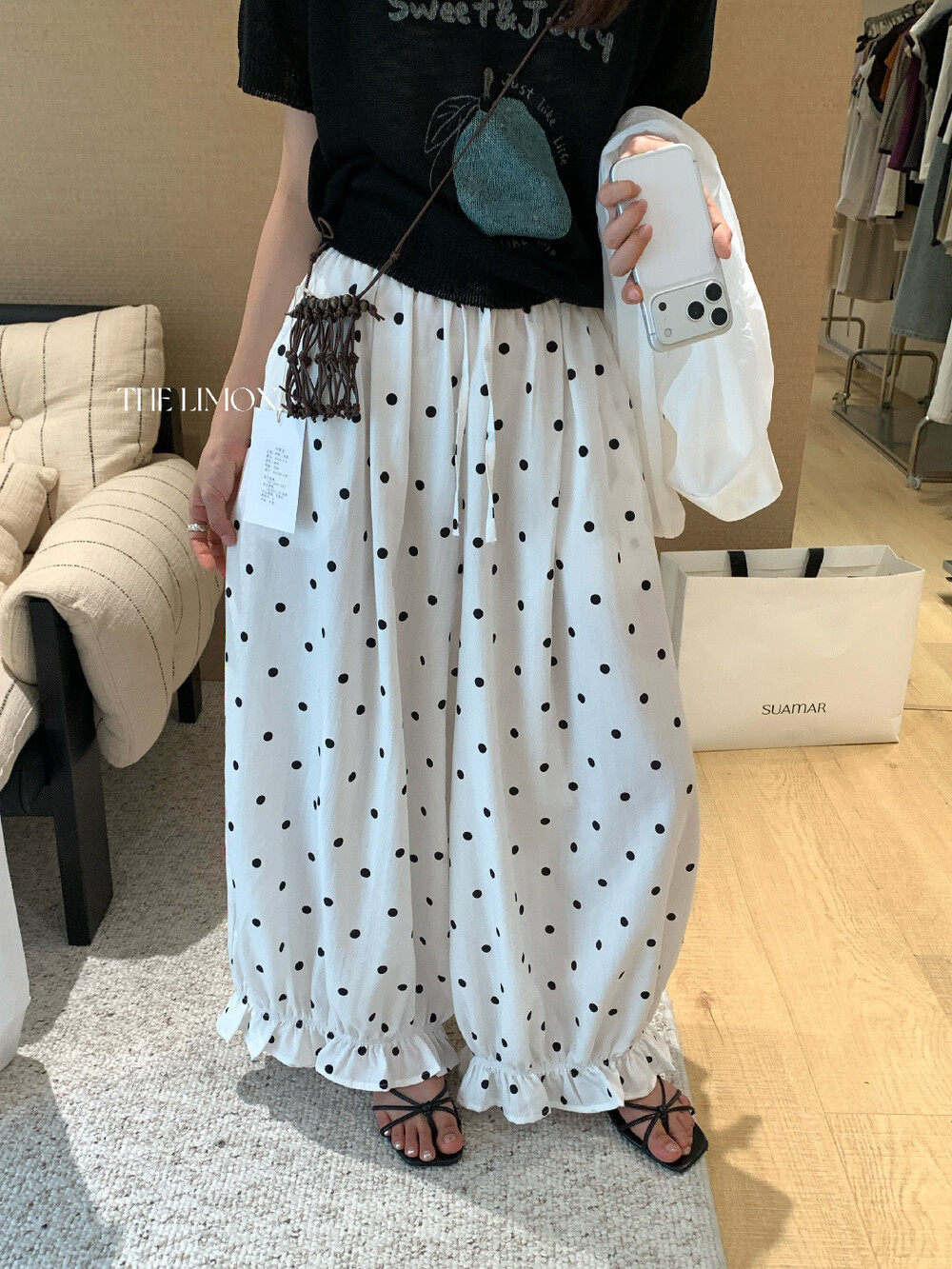 Quần culottes nữ ống rộng chấm bi phong cách vintage, cạp chun, dáng suông rộng thoải mái — màu đen, Màu bí ngô, màu trắng, màu xám chi tiết 16