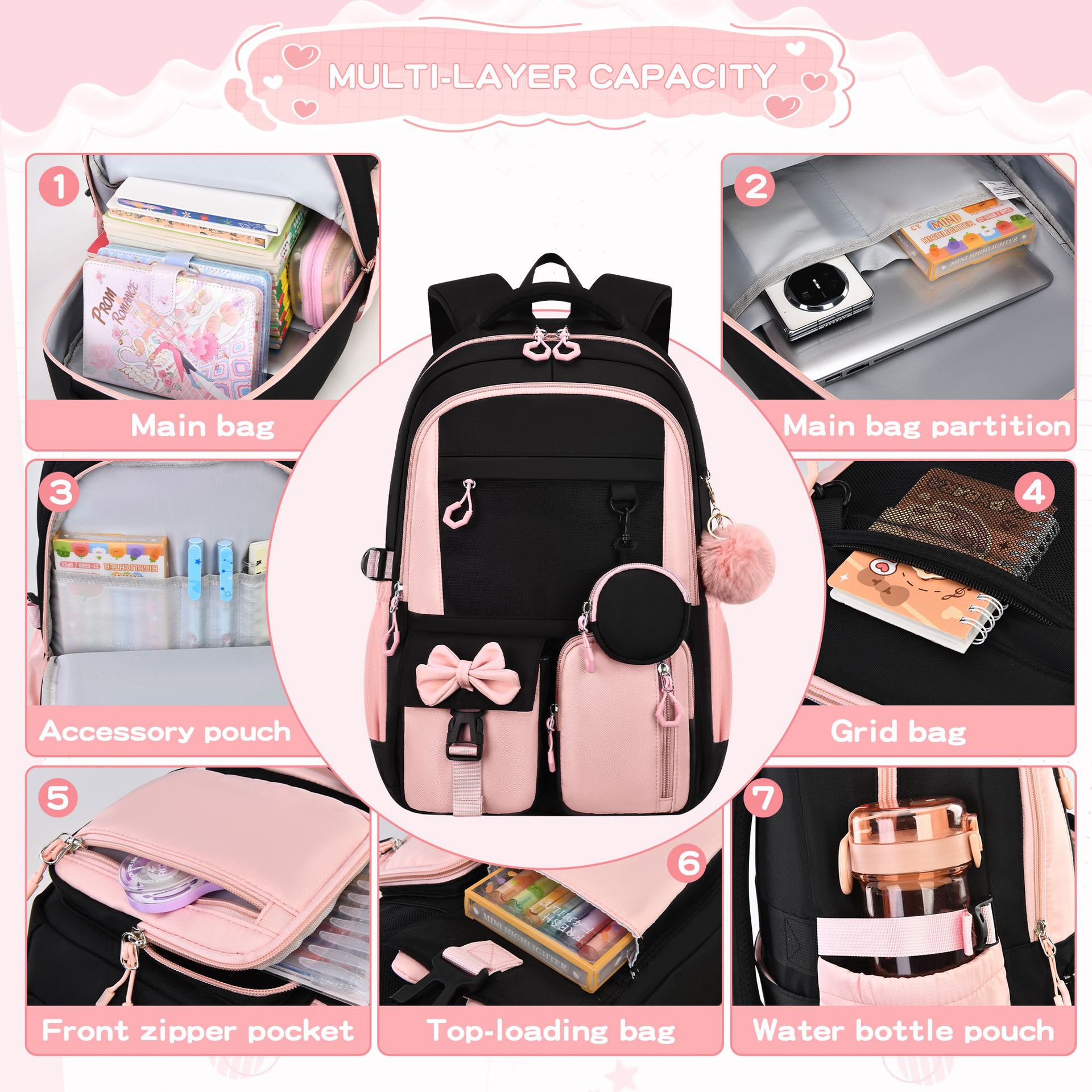 Grenzüberschreitender neuer Schulrucksack für Anfänger mit hohem Designwert, einfacher zweiseitriger Rucksack, Fabrik-Dreiteiler-Set mit Rucksack, Essenstasche und Federtasche