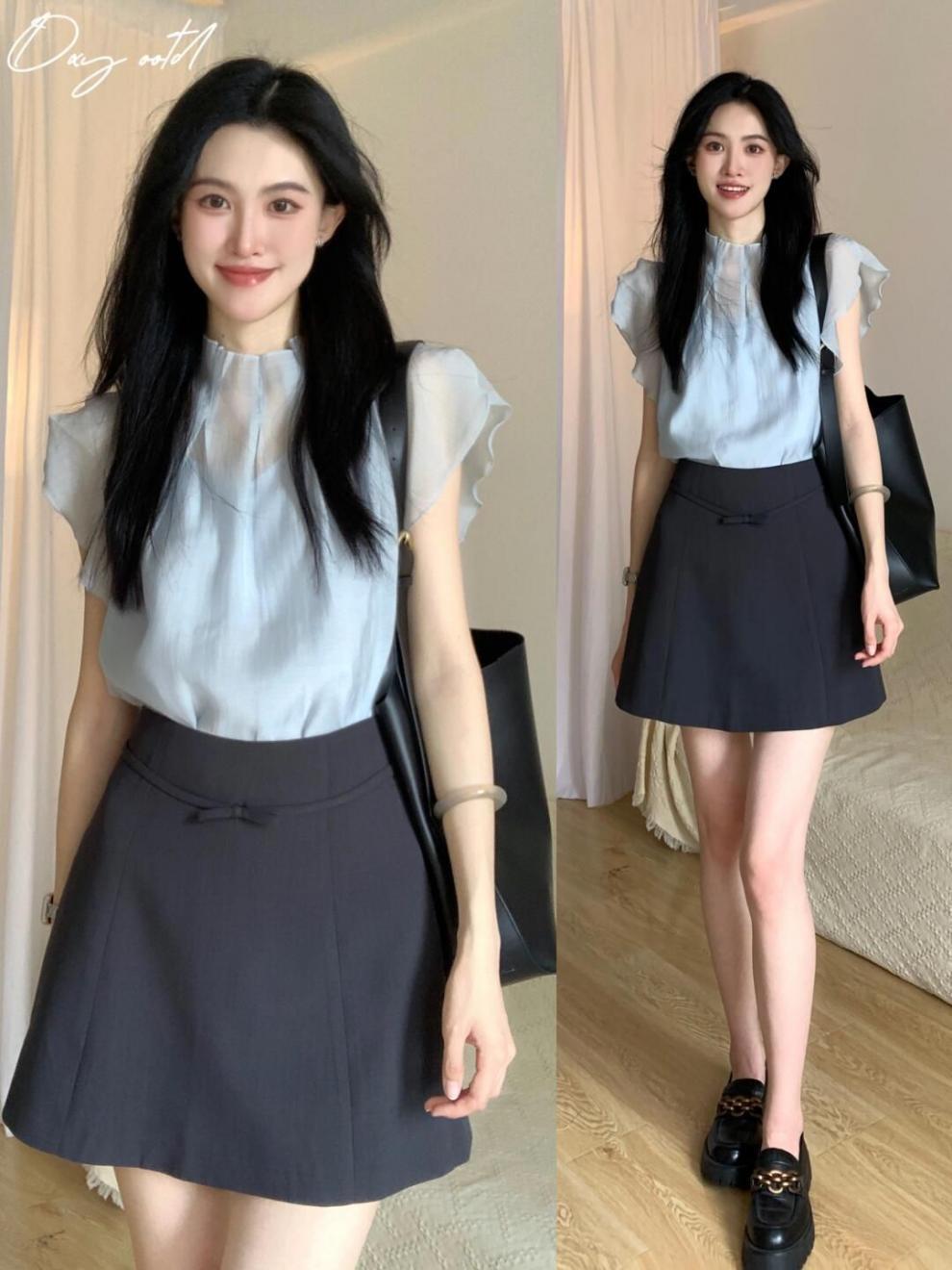 Áo voan nữ tay bay xếp diềm cổ điển Pháp — Váy ngắn nơ đen chi tiết 13