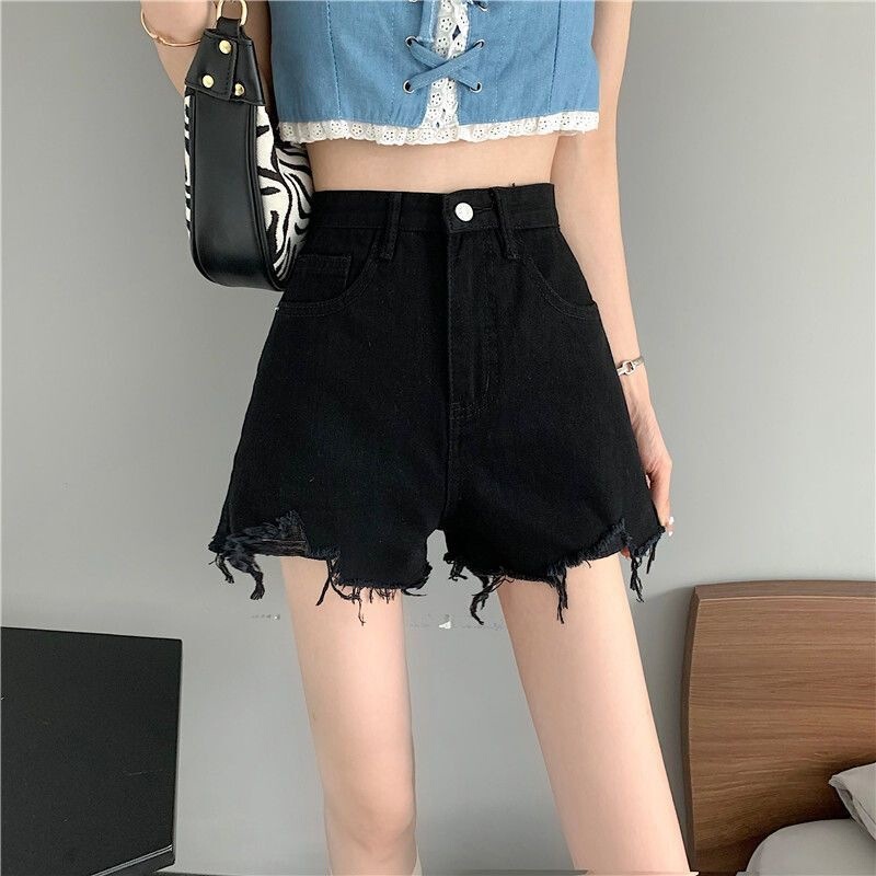 Plus-size women's denim shorts, new summer style, high-waisted, ripped, student-friendly, slimming, wide-leg, loose A-line hot pants, thin style
