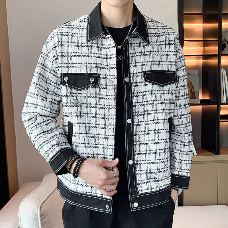 Autumn retro Chanel style tweed coat men's Korean-style fashionable contrast color casual Internet celebrity handsome short jacket